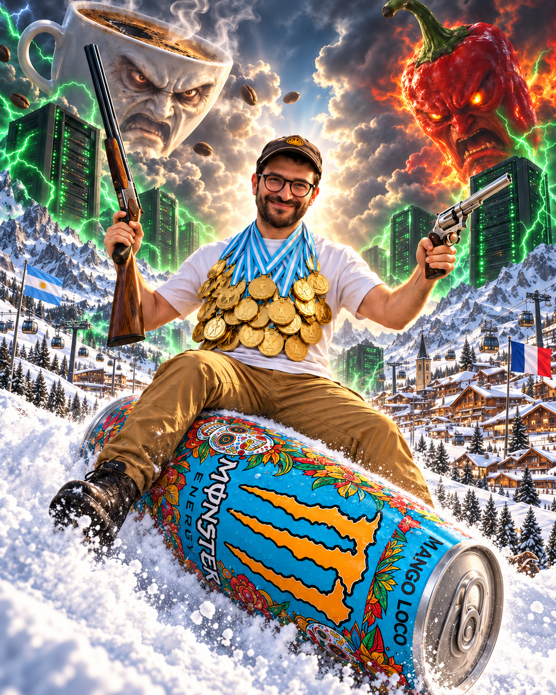 El Peta con sus lentes, muchas medallas doradas, una escopeta de competición y un revólver, montado en una Monster Mango Loco. A la izquierda, montañas de Argentina; a la derecha, de Francia. Servidores gigantes lanzan rayos verdes y dos titanes, una taza de café y un chile, lo rodean en el cielo.